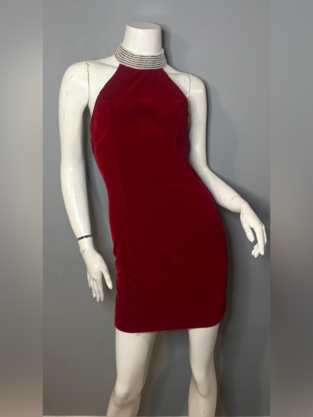 Embellished Collar Red Velvet Halter Mini Dress